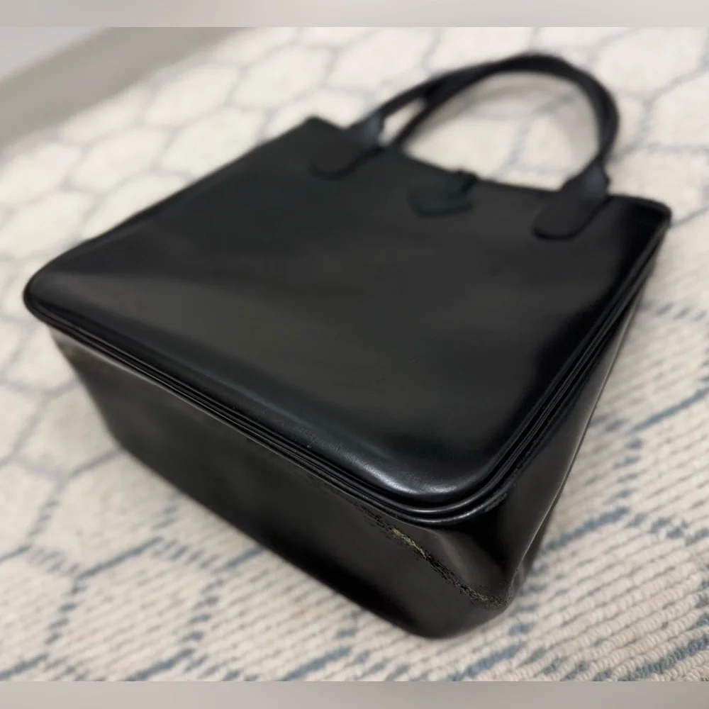 LONGCHAMP Vintage Y2K Mini Roseau Black Leather Tote Bag W/ Bamboo Toggle Silver
